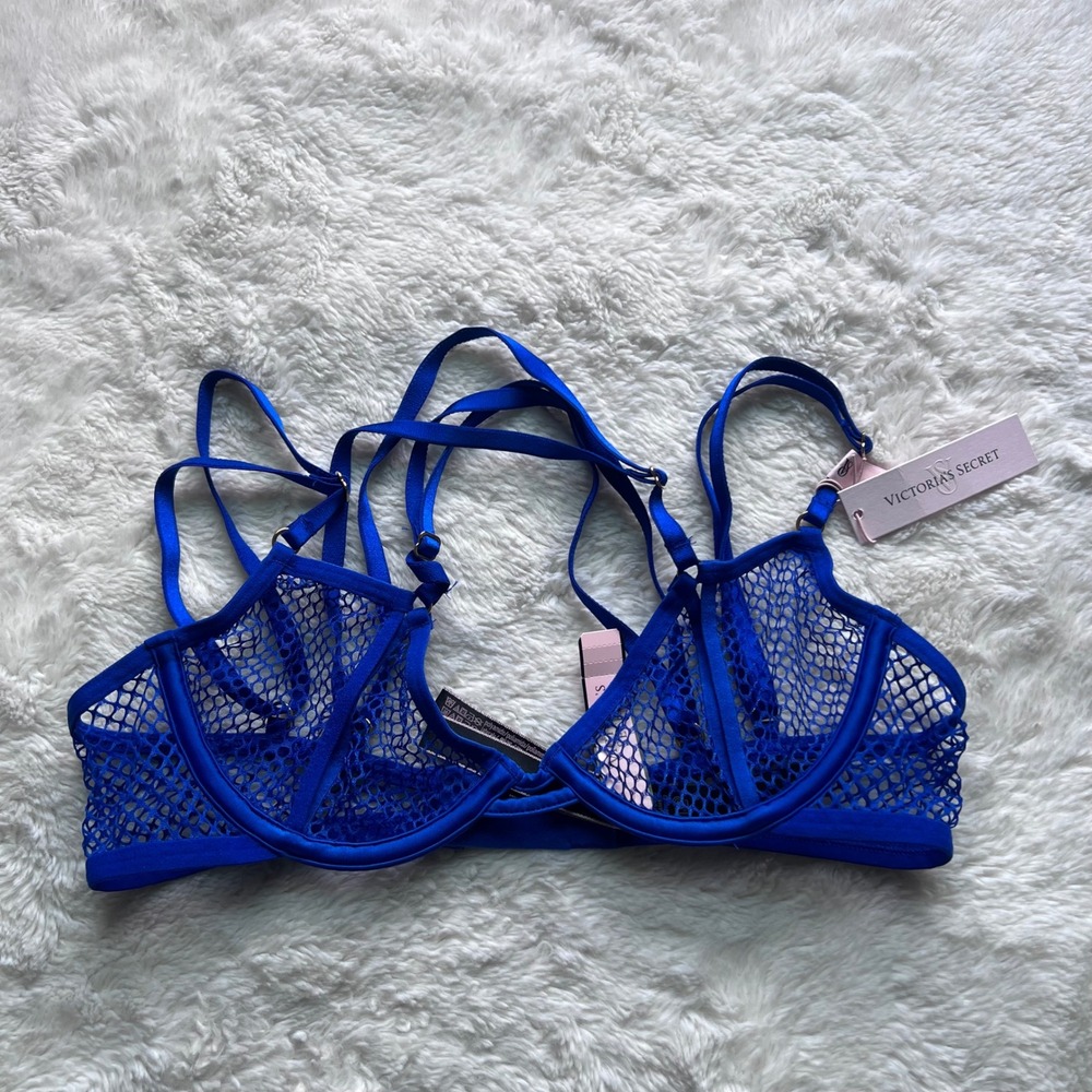 Victoria's Secret Royal Blue Fishnet Mesh Unlined Strappy Bralette XS 11221813 - Picture 3 of 9